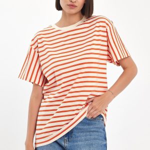 KADIN OVERSİZE ÇİZGİLİ T-SHİRT - ORANJ