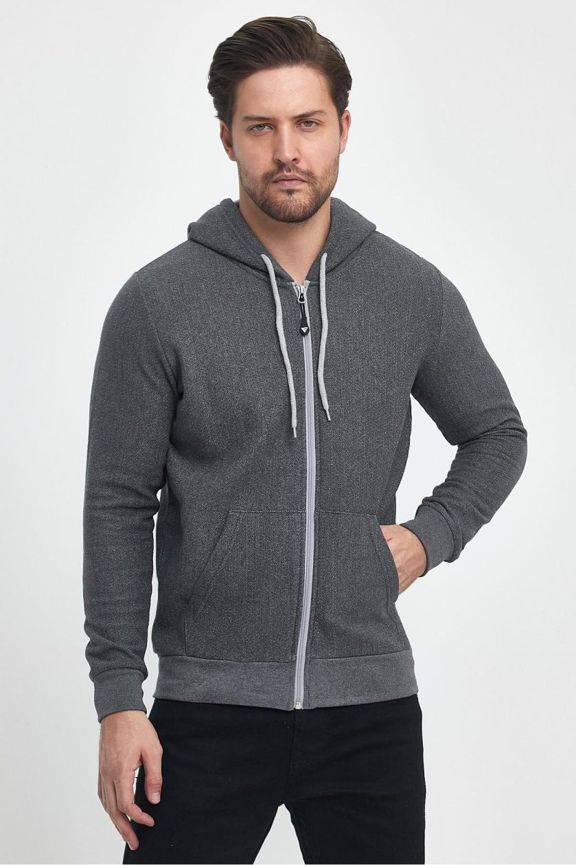 Erkek Fermuarlı Kapşonlu Şardonlu Sweat