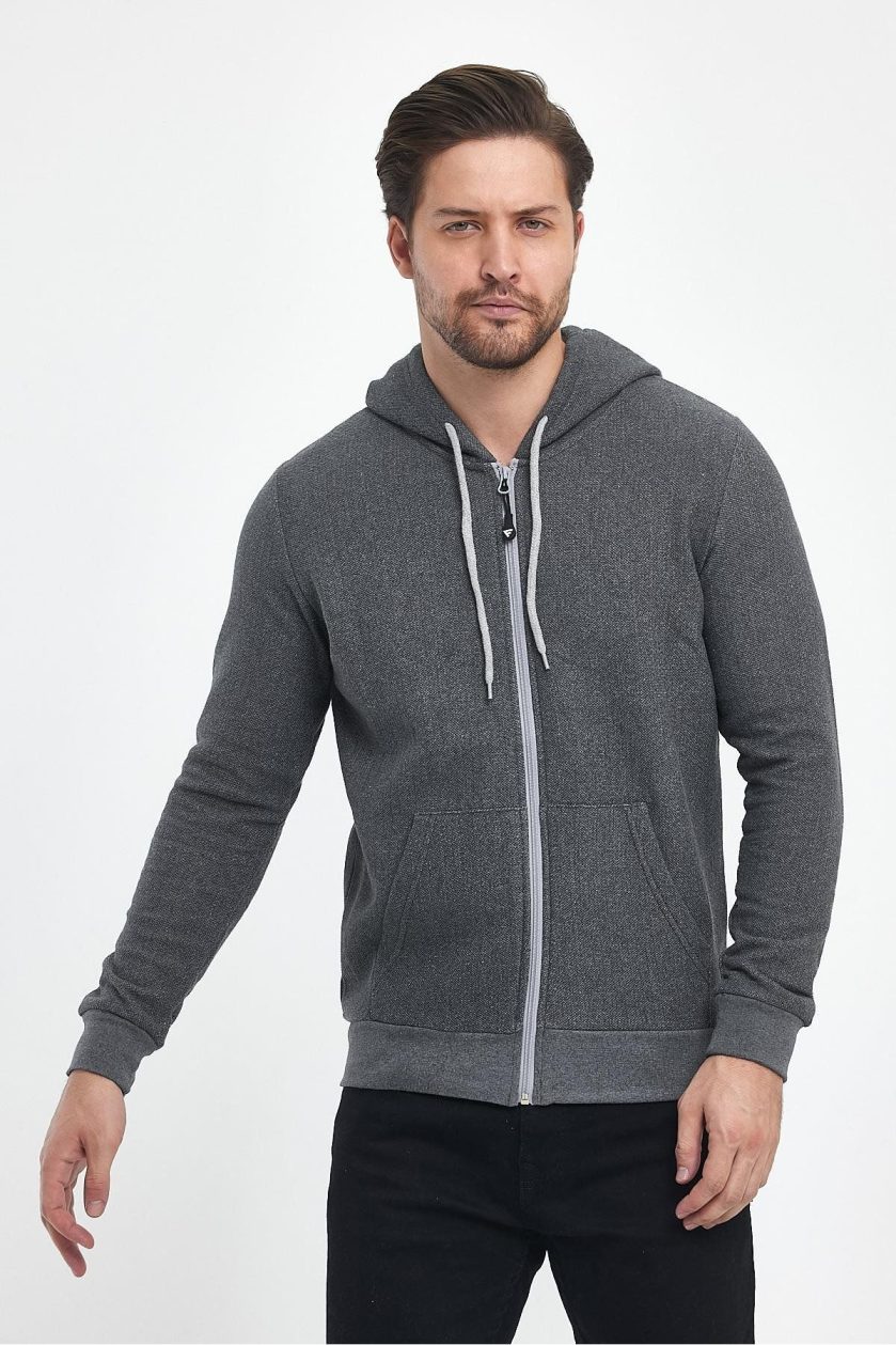 Erkek Fermuarlı Kapşonlu Şardonlu Sweat - Görsel 4
