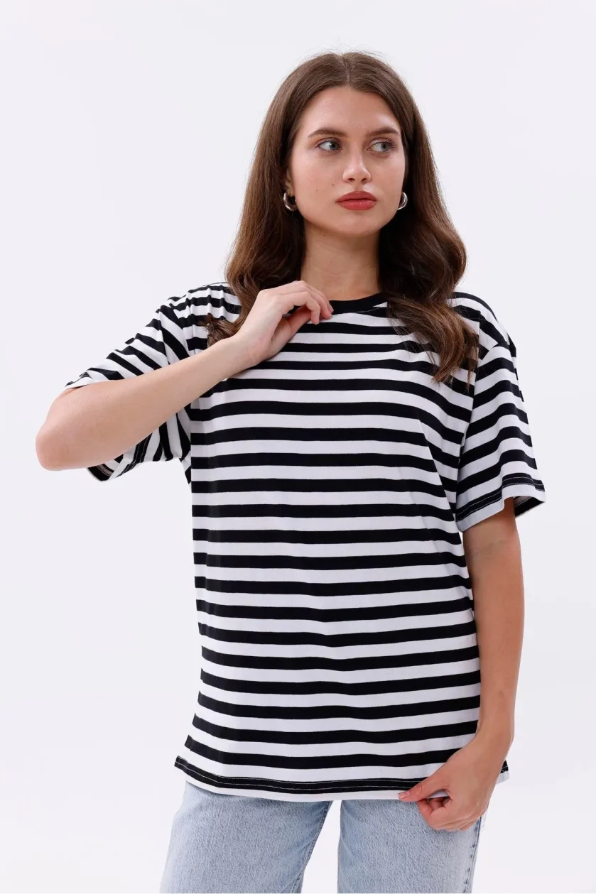 Kadın Oversize Çizgili Tişört - Görsel 7