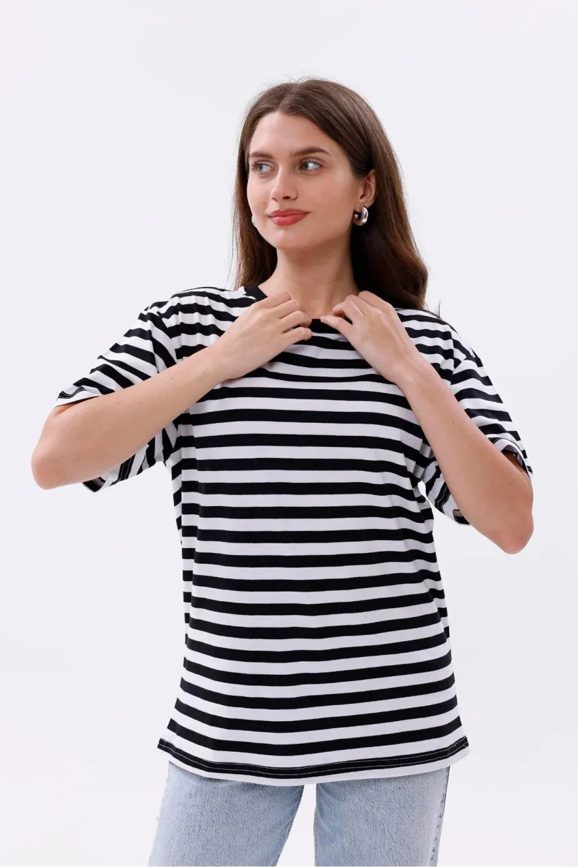 Kadın Oversize Çizgili Tişört - Görsel 12