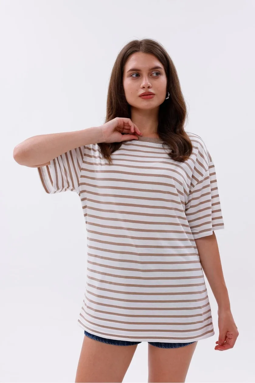 Kadın Oversize Çizgili Tişört - Görsel 18