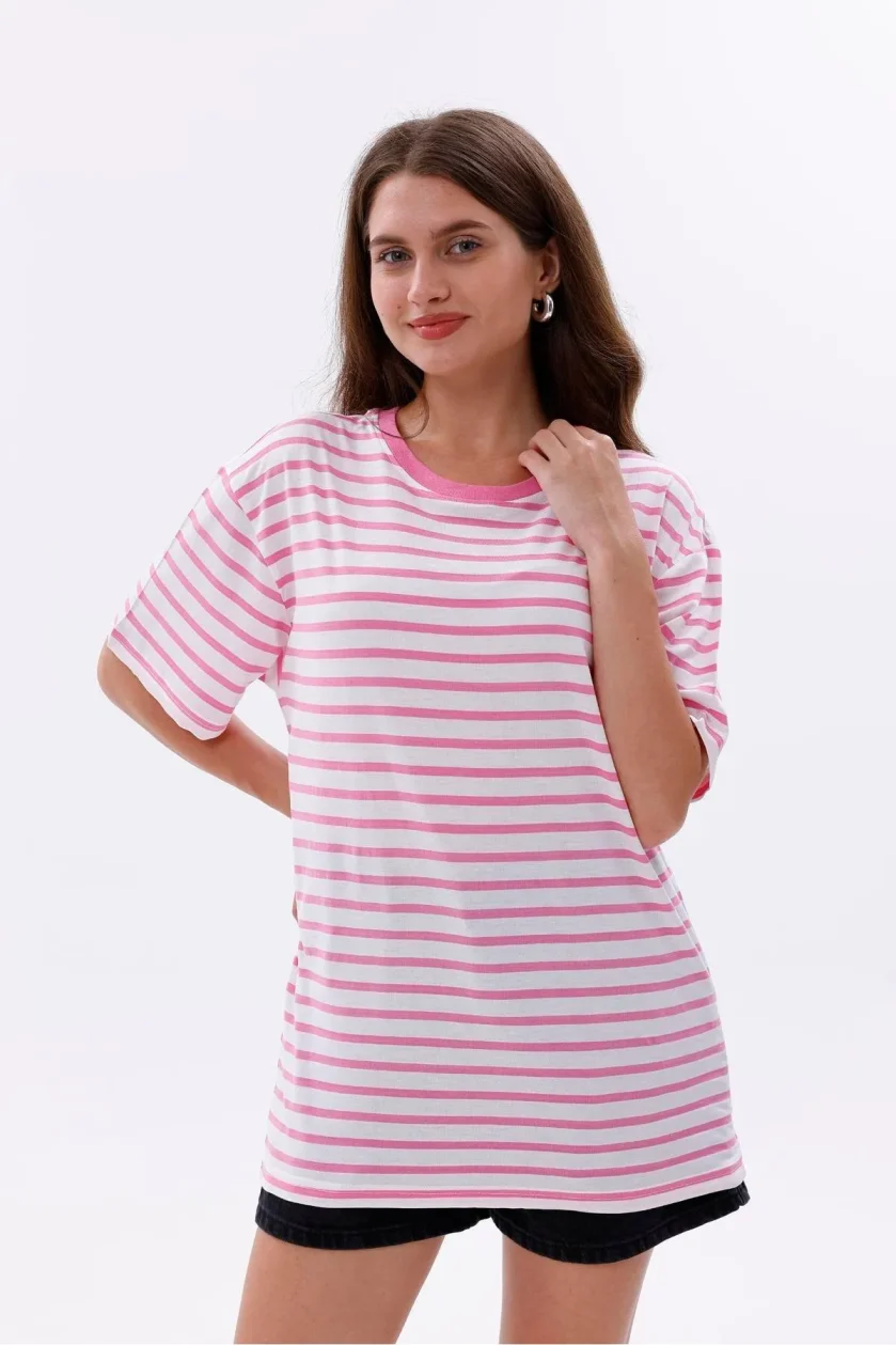 Kadın Oversize Çizgili Tişört - Görsel 19