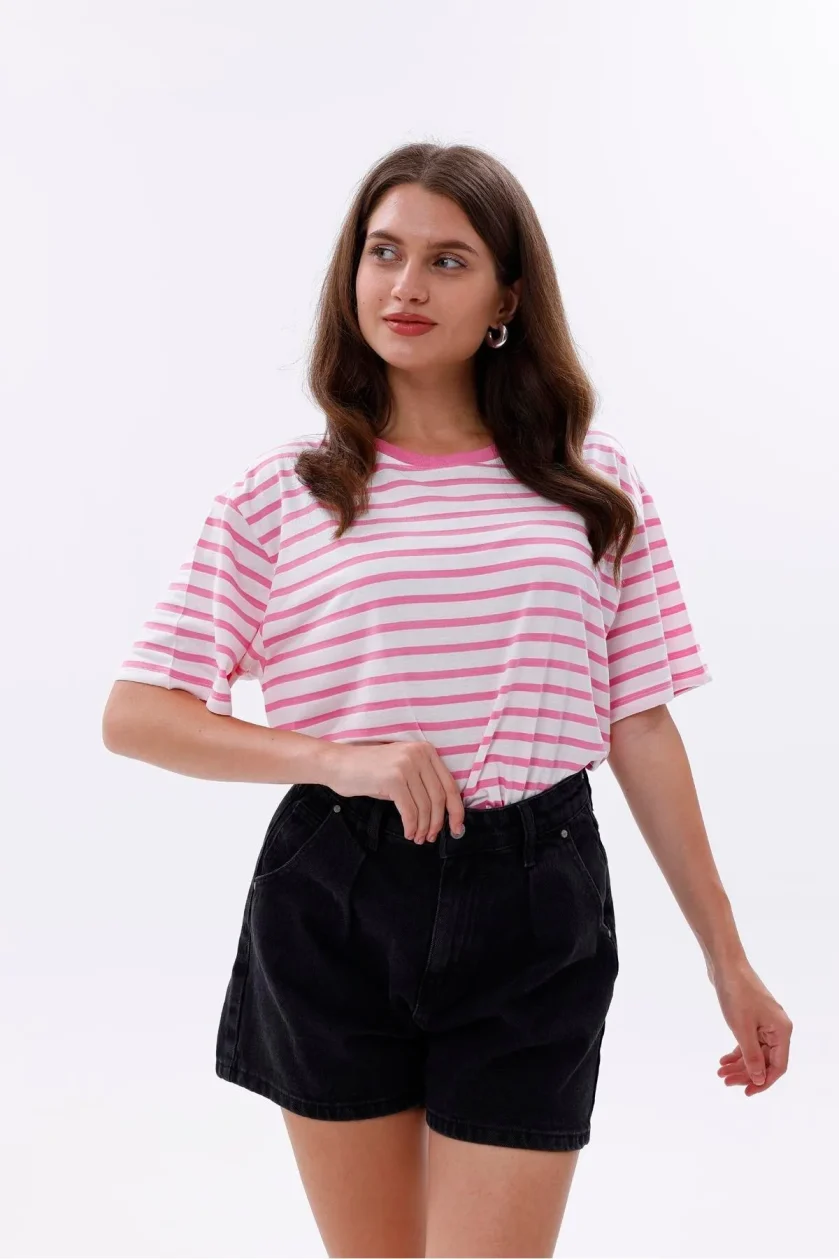 Kadın Oversize Çizgili Tişört - Görsel 23