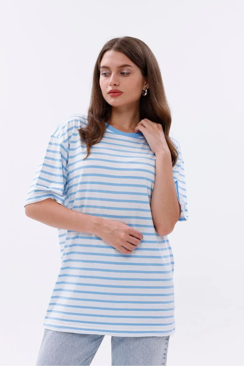 Kadın Oversize Çizgili Tişört - Görsel 25