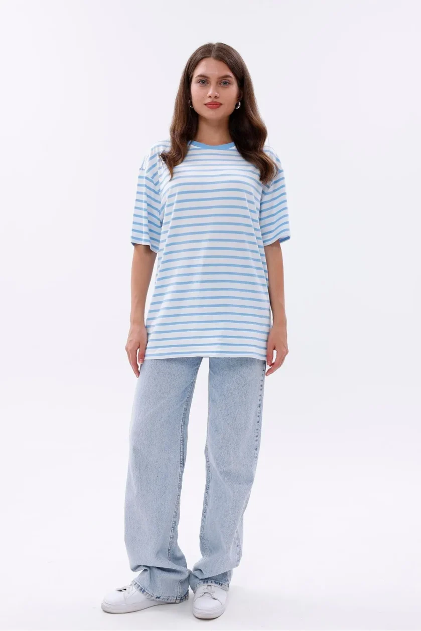 Kadın Oversize Çizgili Tişört - Görsel 27