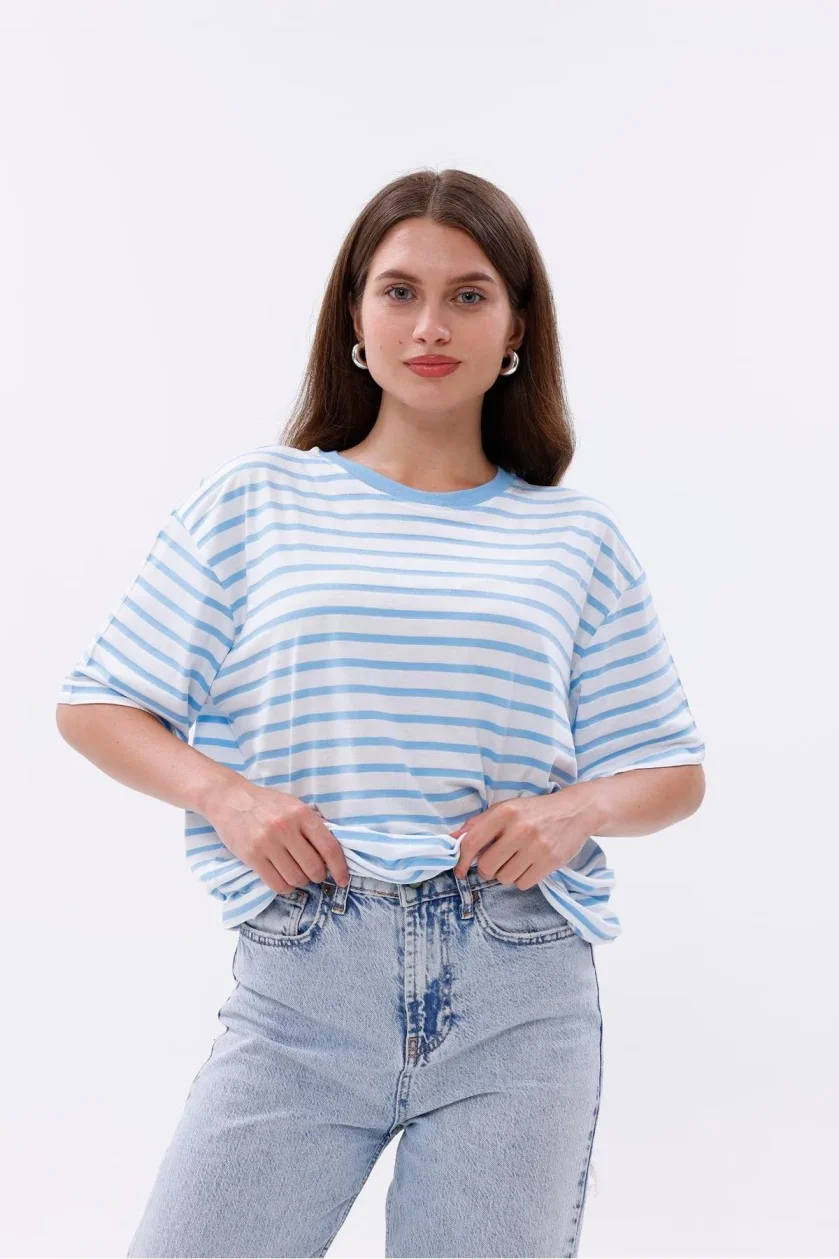 Kadın Oversize Çizgili Tişört - Görsel 29