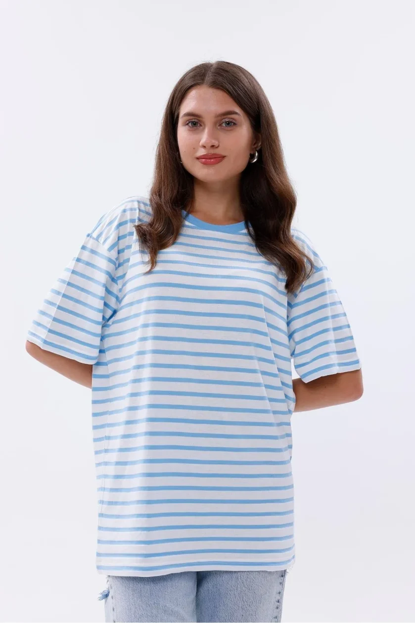 Kadın Oversize Çizgili Tişört - Görsel 30