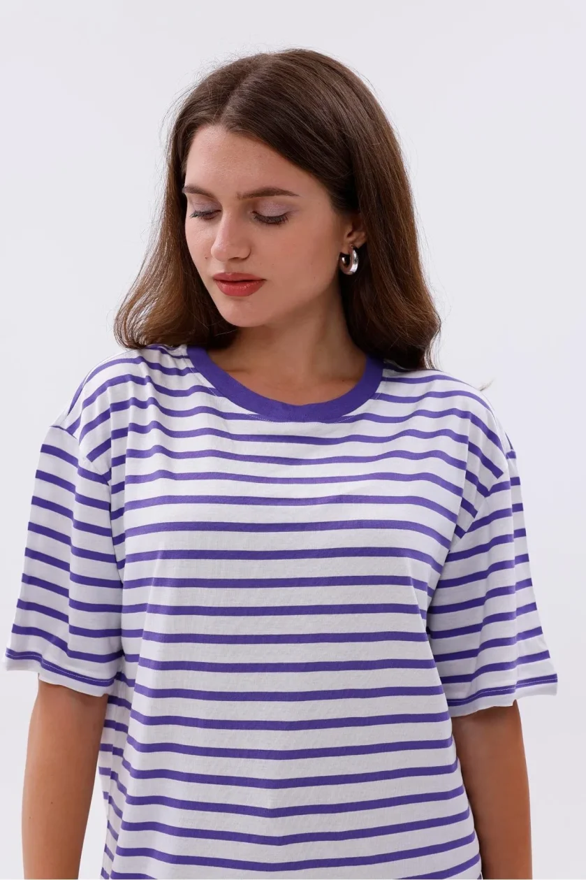 Kadın Oversize Çizgili Tişört - Görsel 31