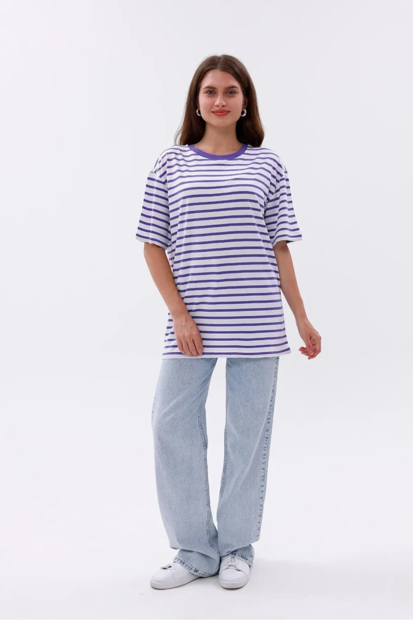 Kadın Oversize Çizgili Tişört - Görsel 33
