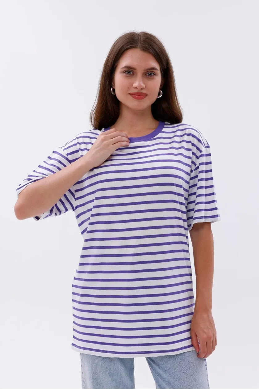 Kadın Oversize Çizgili Tişört - Görsel 35