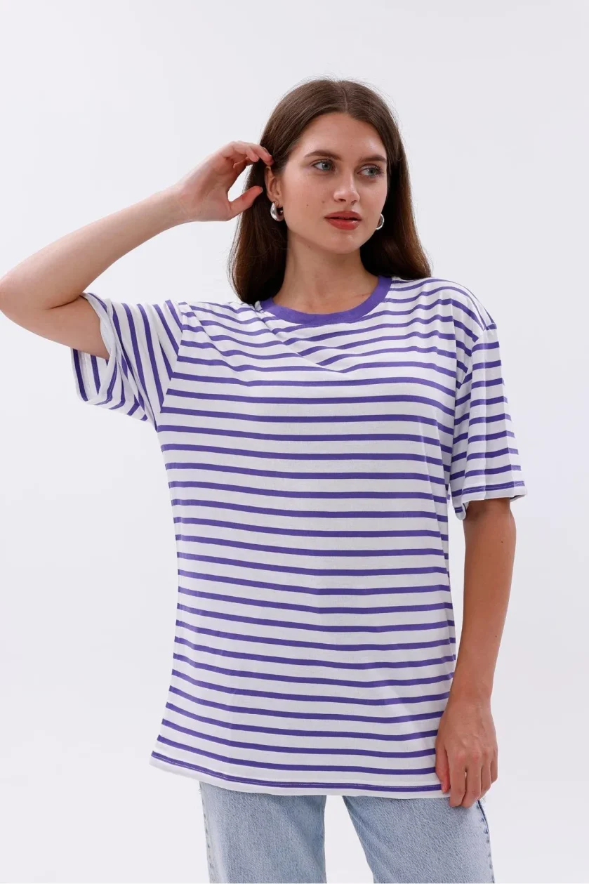 Kadın Oversize Çizgili Tişört - Görsel 36