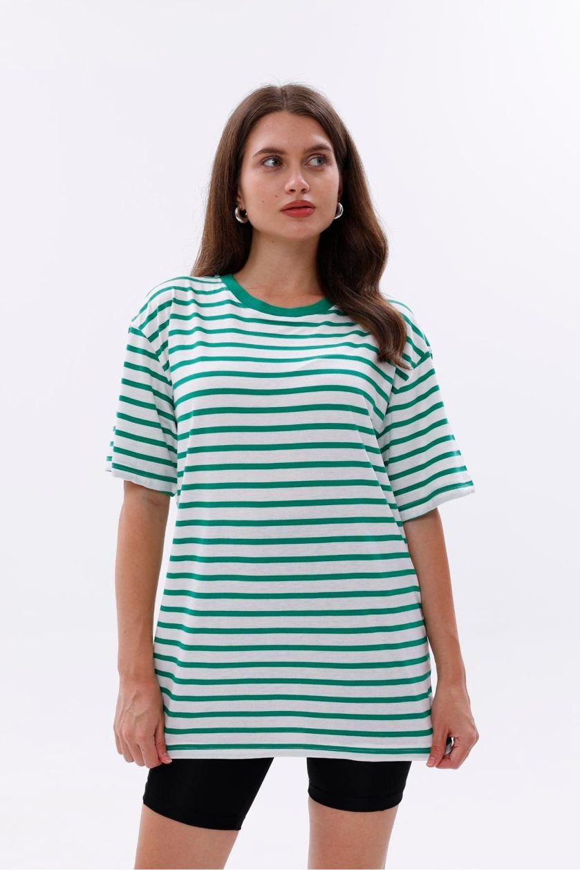 Kadın Oversize Çizgili Tişört - Görsel 2