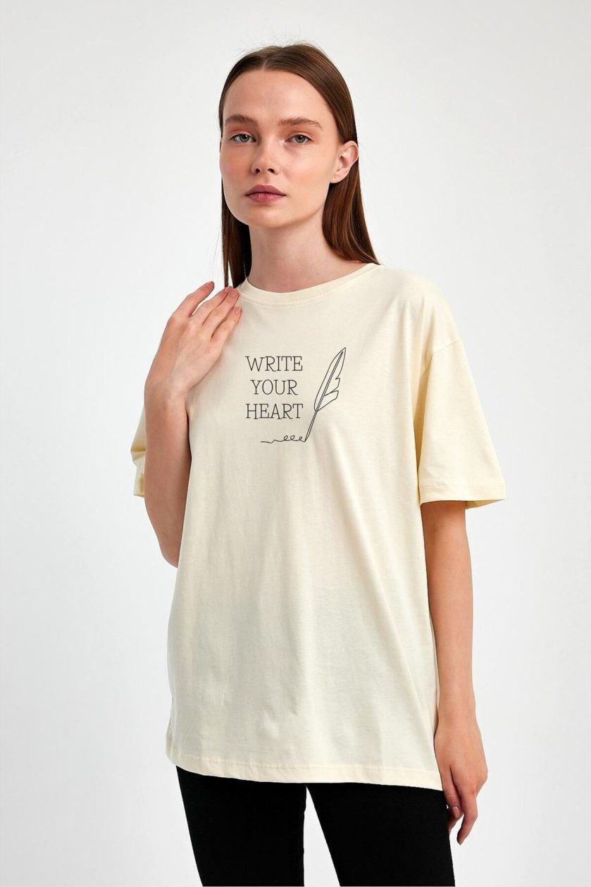 Unisex Oversize Baskılı Sıfır Yaka Tshirt